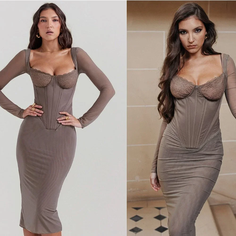 House of CB ‘Safran’ Mocha Corset Midi Dress NWOT